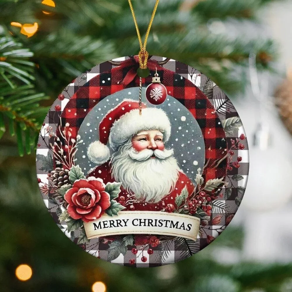 Set of 2 Acrylic Santa Claus Christmas Tree Ornaments Round Hanging Decor